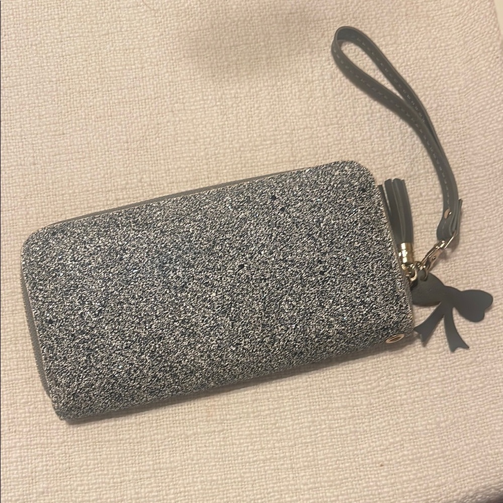 Glittery Silver Wristlet Wallet with Charm